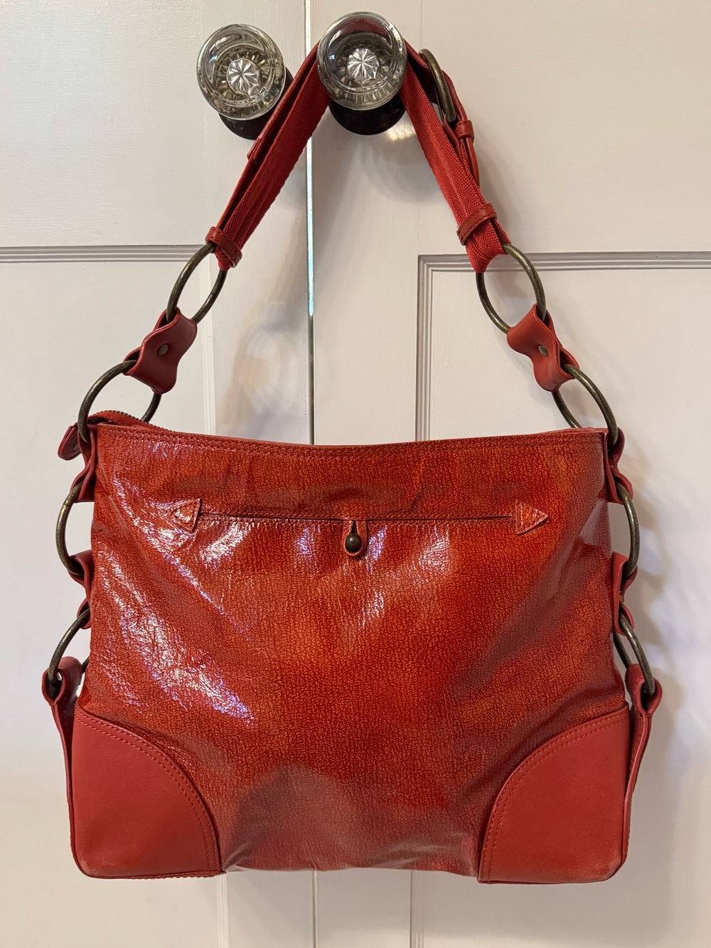 Vintage Donald J. Pliner Red/Orange Patent Leather Hobo Shoulder Bag O-Ring Y2K